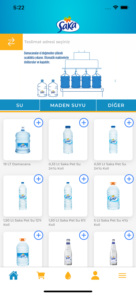注文可能なさまざまなボトル入り水製品を表示しているSaka Suモバイルアプリ。