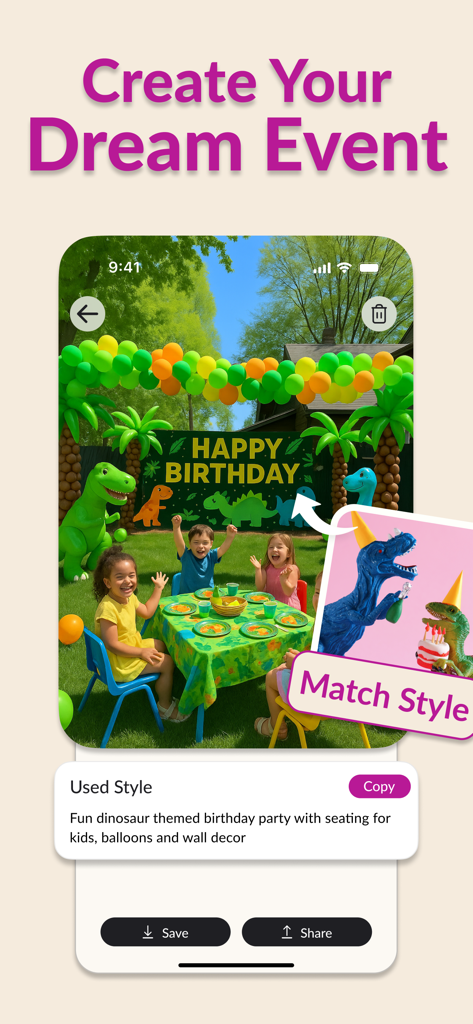AI Event Designer - Party Plan - Interface de l'application AI Event Designer montrant l'agencement d'une fête d'anniversaire pour enfants sur le thème des dinosaures avec des ballons et des sièges extérieurs
