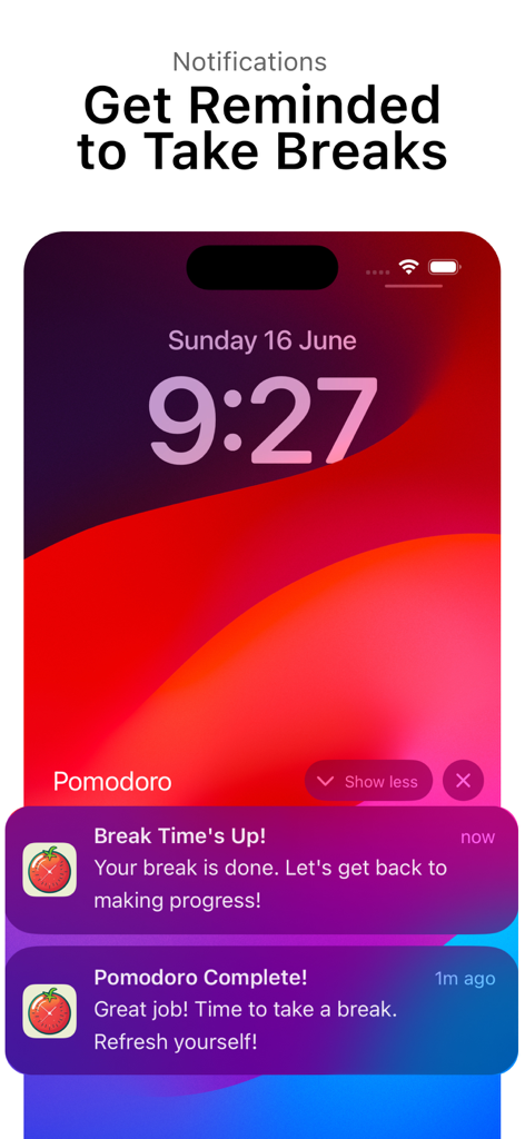 Pomodoro Timer : Study & Work - An iPhone lock screen displaying Time Tango Pomodoro timer notifications for break and work session completion.