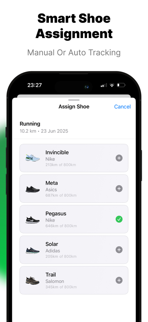 Smartphone screen showing the smart shoe assignment feature in the Shoe Tracker app for tracking gear mileage
