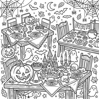 Dive into the spirit of Halloween with this enchanting coloring page featuring intricately decorated dining tables. Filled with pumpkins, ghosts, and delicious treats, it's a perfect activity to celebrate the spooky season.