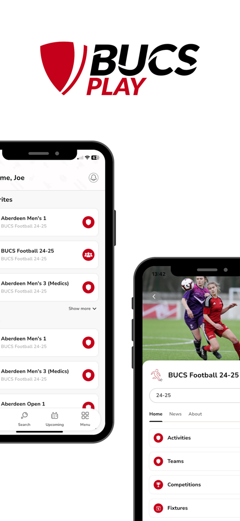 BUCS Play mobile app interface showing university sports teams and competition management features