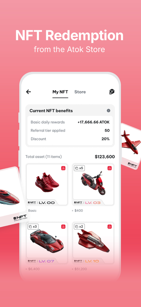 ATOK - Interface of the ATOK app showing NFT redemption benefits and a collection of digital assets like sneakers and vehicles