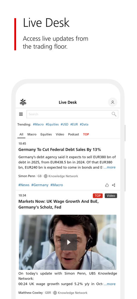 UBS Neo App-Oberfläche mit der Live-Desk-Funktion und Echtzeit-Updates vom Handelsplatz sowie Finanznachrichtenberichten