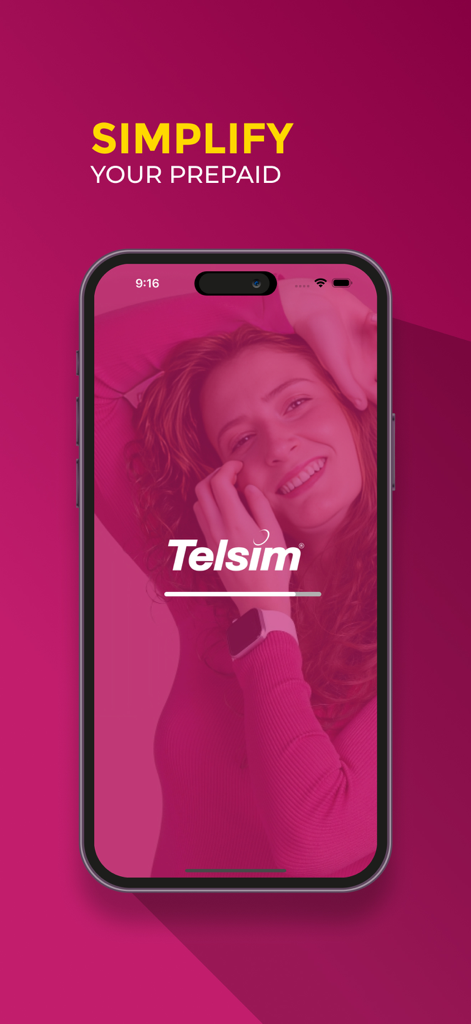 My Telsim - My Telsim app splash screen showing the slogan Simplify Your Prepaid and the company logo over a smiling woman image