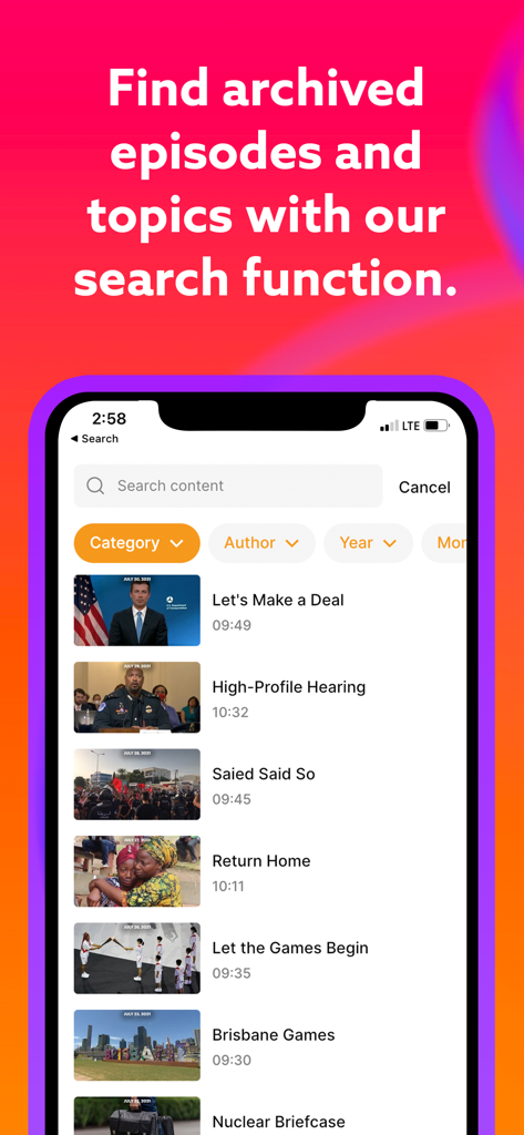 WORLD Watch News - A search interface in the WORLD Watch News app displaying archived news episodes with category and author filters.