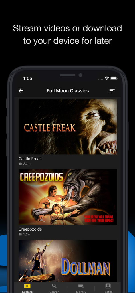 Full Moon Features app interface showing classic horror movies like Castle Freak and Creepozoids with options to stream or download