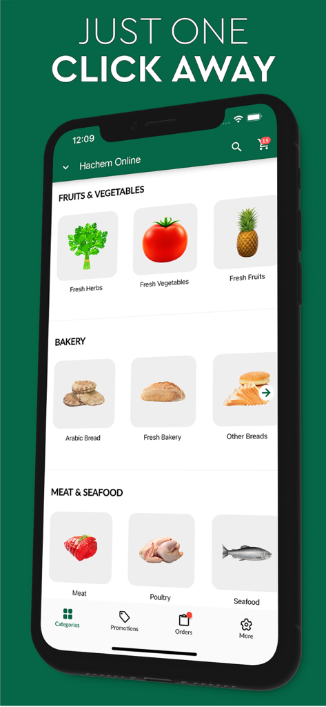Hachem Online - Hachem Online mobile app screen showing shopping categories for fresh produce, bakery, and meat.