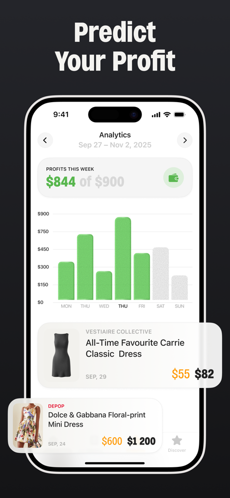 The Thrift AI－Profit Αρρ - Thrift AI app interface displaying a weekly profit bar chart and estimated resale values for scanned dresses.