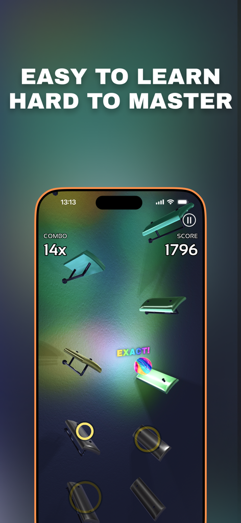 Marble Music – Music Ball Game - Marble Music gameplay screen showing a colorful ball bouncing on rhythmic platforms with combo and score counters.