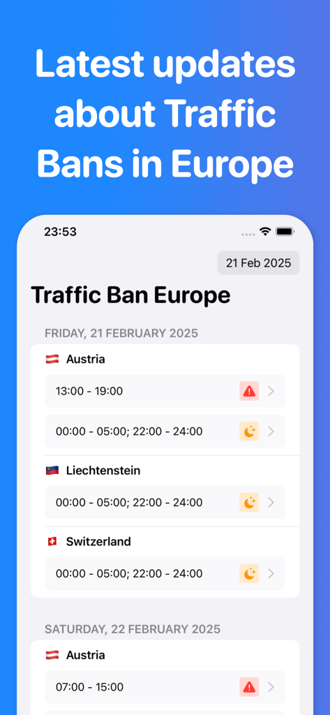 Mobile app interface showing truck traffic ban schedules for Austria, Liechtenstein, and Switzerland