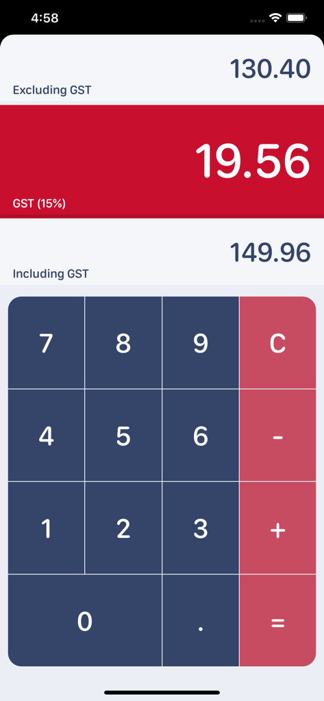 Interfaz de la aplicación Calculadora de IVA de NZ que muestra los resultados del cálculo de impuestos