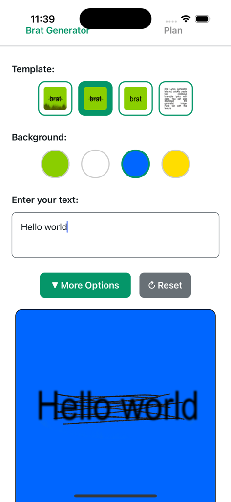 Brat Generator app interface with template selection and a blue preview showing custom text