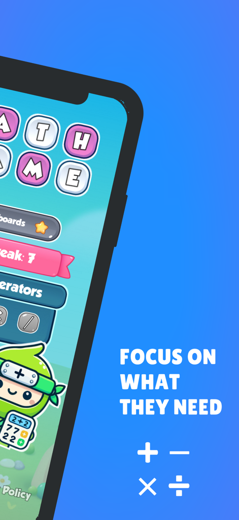 Bildschirm der Math Ninja Dojo App, der eine niedliche Ninja-Figur und mathematische Symbole für Addition, Subtraktion, Multiplikation und Division zeigt