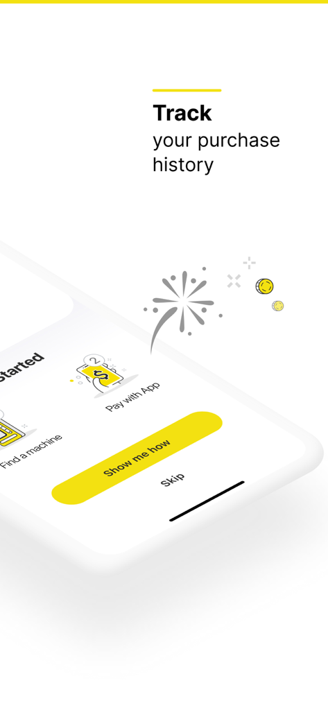 Monyx Wallet - Monyx Wallet App-Onboarding-Bildschirm mit der Funktion zur Verfolgung der Kaufhistorie und einer gelben Schaltfläche 'Zeigen Sie mir, wie'.