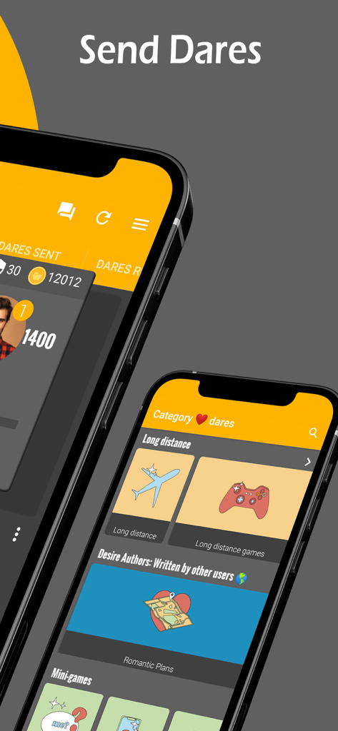 Desire - Couples Game - Two smartphones showing the Desire app interface for sending relationship dares and romantic challenges