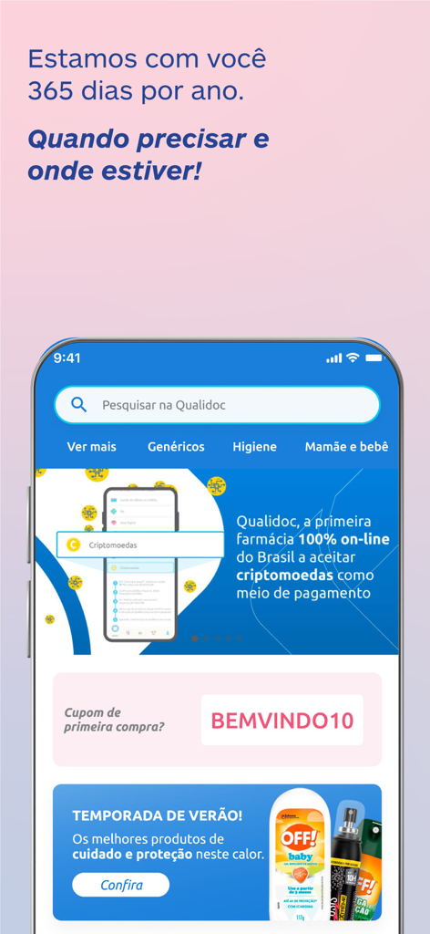 Qualidoc - Pantalla de inicio de la aplicación de farmacia Qualidoc mostrando barra de búsqueda, categorías y un banner sobre pagos en criptomonedas y ofertas de verano