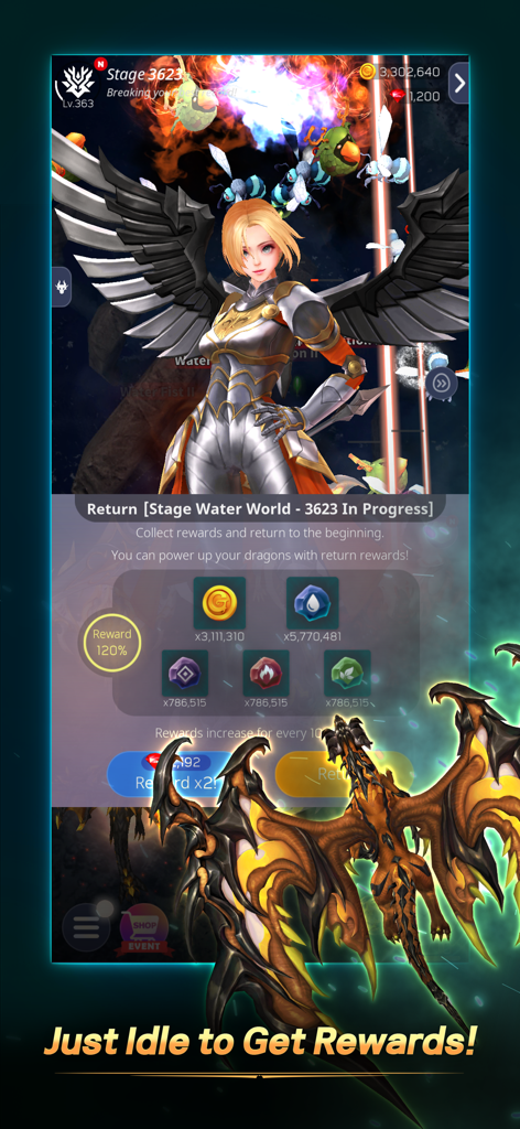 DragonSky : Idle & Merge - DragonSky Idle and Merge mobile game screenshot showing idle rewards and an armored character with wings