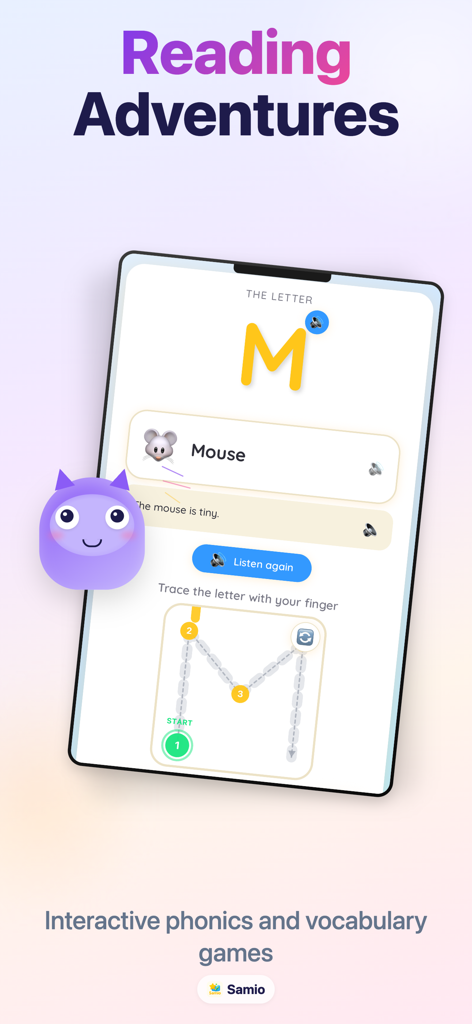 Samio Learning - Interactive phonics and letter tracing lesson for the letter M in Samio Learning