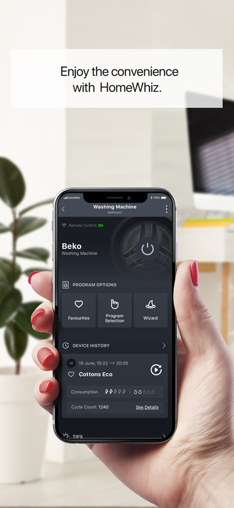 Smartphone screen displaying the HomeWhiz app washing machine interface showing remote control settings and program wizard.