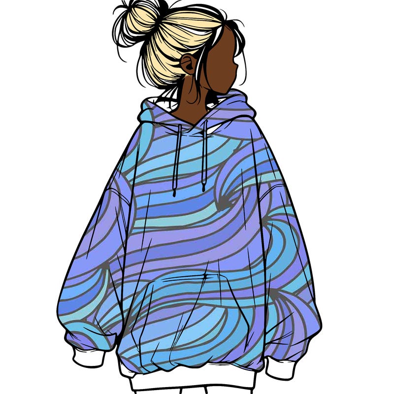 realistic girl with a oversized sweatshirt on and a bun