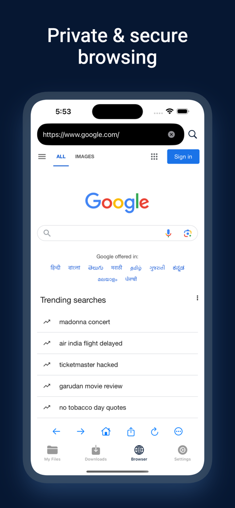 IDM - Download Manager - Interfaz de aplicación móvil mostrando la función de navegación privada y segura con una página de búsqueda de Google