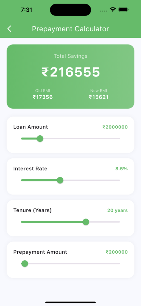 Instant Loan - Calculator App - Prepayment calculator screen showing total savings and new monthly installments after a loan prepayment