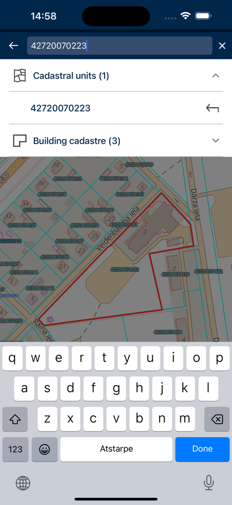 BalticMaps - A screenshot of the BalticMaps app showing cadastral units and land plot boundaries