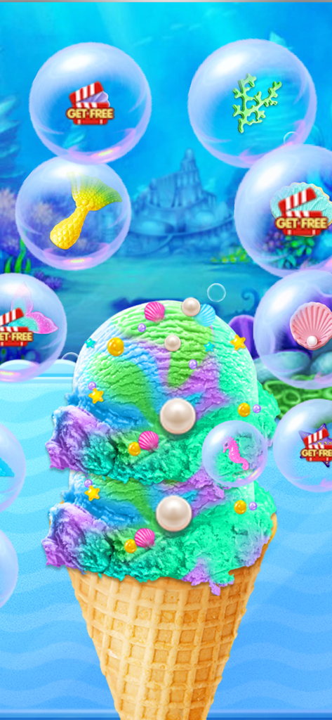 Mermaid Ice Cream - A colorful swirled ice cream cone decorated with pearls and shells in an underwater scene