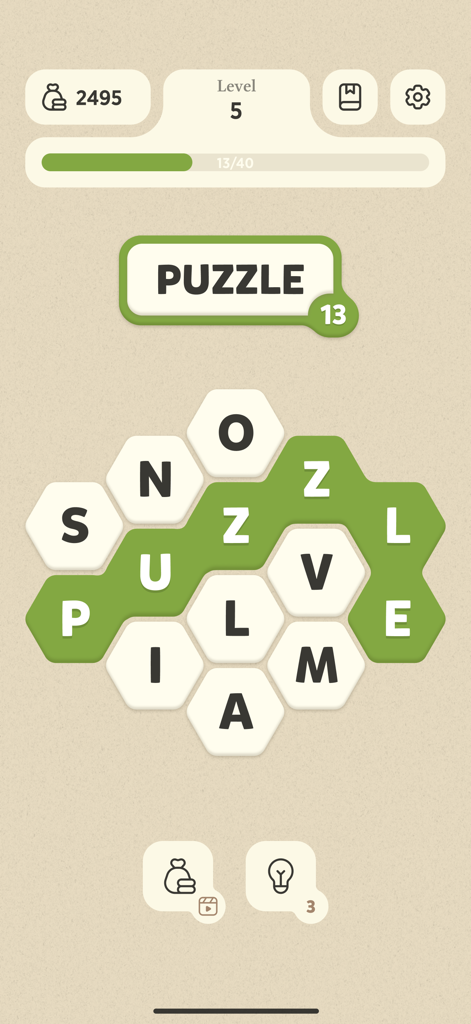 A screenshot of Word Master app showing a hexagonal letter grid with the word puzzle highlighted