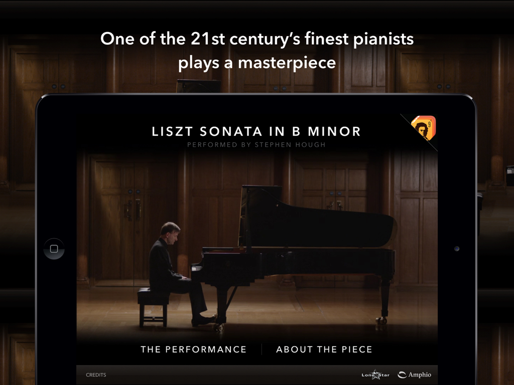The Liszt Sonata - Stephen Hough interpretando la Sonata Liszt en Si Menor en un piano de cola dentro de la interfaz de la aplicación para iPad.