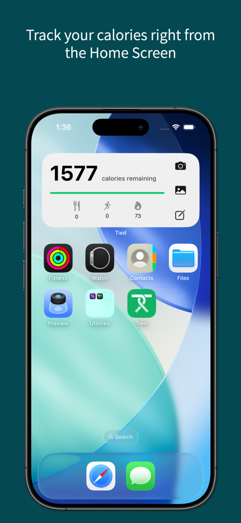 iPhone home screen showing the Tied app widget with remaining calories and quick log icons