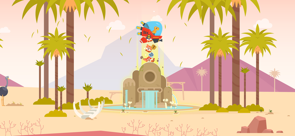 Dinosaur Math 2:Games for kids - Un dinosaurio en una nave espacial roja rescatando animales con números en un paisaje desértico.