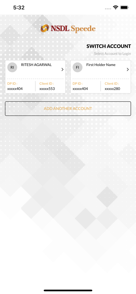 The switch account screen of the NSDL Speede mobile application showing multiple demat account options