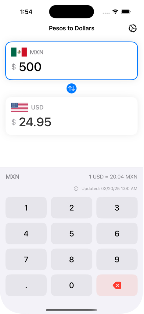 Screenshot dell'interfaccia dell'app Dollars to Pesos Conversion che mostra 500 pesos messicani convertiti in 24,95 dollari USA con una tastiera digitale.