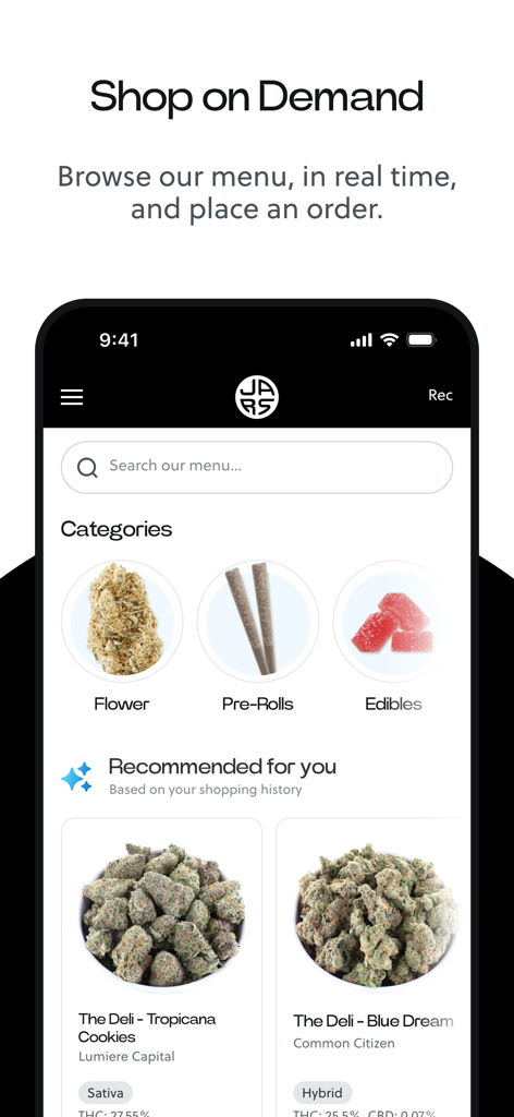 JARS Cannabis - Mobile app interface for JARS Cannabis showing shop categories and recommended cannabis products for on-demand ordering