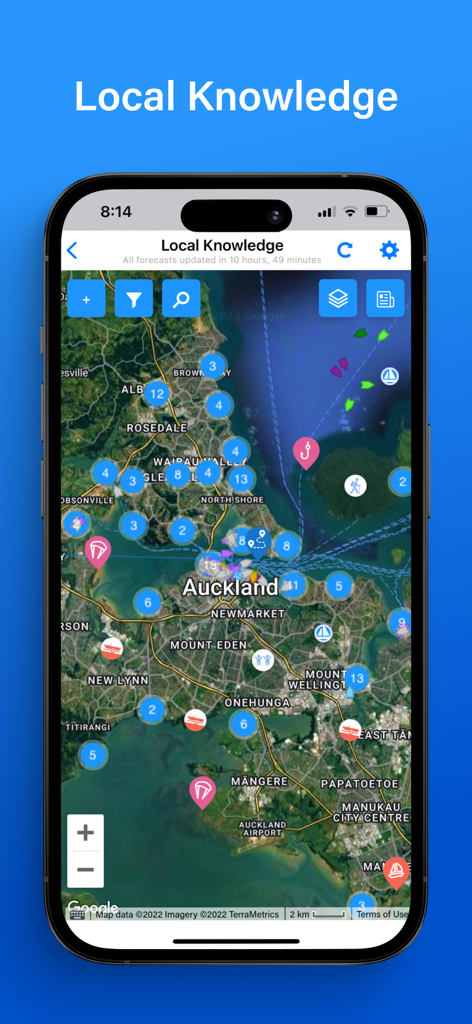 PredictWind app interface showing the Local Knowledge map with activity icons and marine data points