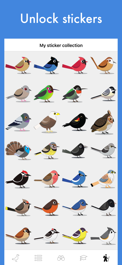 Smart Bird ID: Bird Identifier - A grid of colorful animated bird stickers in the Smart Bird ID app sticker collection screen