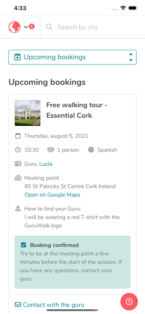 Schermata dell'app GuruWalk che mostra i dettagli della prenotazione confermata per un free walking tour a Cork, inclusi nome della guida e punto di ritrovo