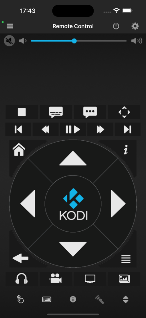 The main remote control screen of the Official Kodi Remote app featuring a directional pad and media playback buttons.