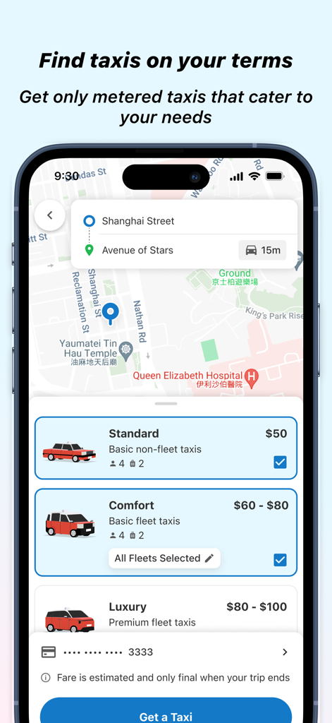 DASH: HK's Main Taxi App - DASH Hong Kong taxi booking screen showing vehicle selection options and map interface