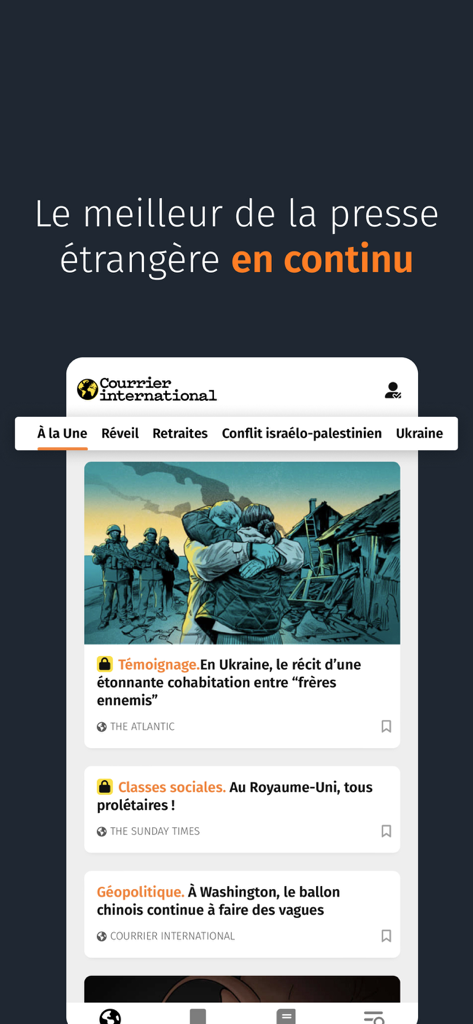 Courrier international - Courrier International mobile app main news feed with headlines from international press translated into French