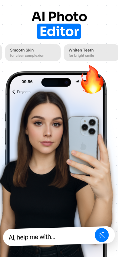 Drostudio: AI Photo Editor - Drostudio AI Photo Editor interface displaying a mirror selfie with retouching tools like smooth skin and whiten teeth.