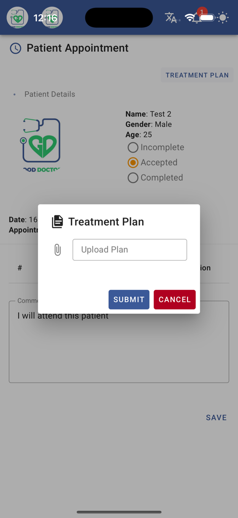Pantalla de cita del paciente con una ventana emergente de carga del plan de tratamiento en la aplicación Good Doctor