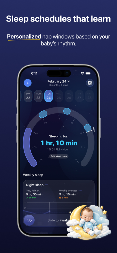 Interface of the Napverse app showing a baby sleep tracker with personalized nap windows and sleep duration