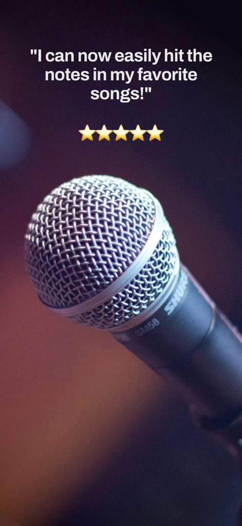 A microphone background featuring a 5-star review stating I can now easily hit the notes in my favorite songs