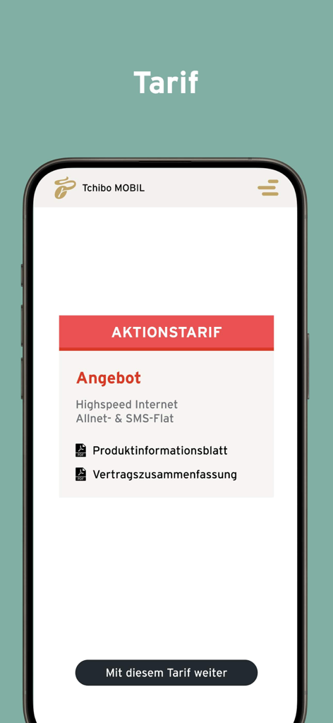 Screenshot der Tchibo MOBIL App mit einem Aktionsangebot für einen Tarif mit Highspeed-Internet und Allnet-Flatrate-Details