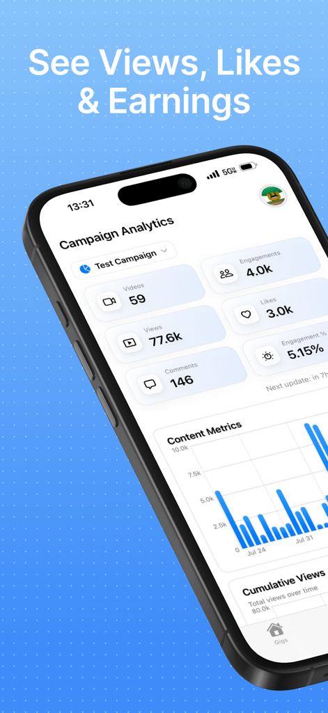 SideShift - Earn Money - SideShift app dashboard showing campaign analytics for UGC creators including views and likes