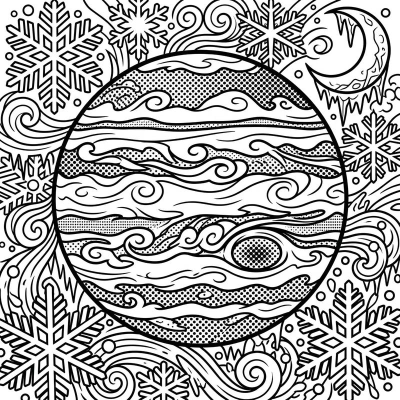 Embark on a unique cosmic journey with this Pop Art Jupiter coloring page, featuring the gas giant amidst a whimsical winter wonderland. Its bold lines and halftone patterns offer a dynamic canvas for your creative winter palette.