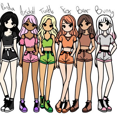 a group of girls wearing crop tops and shorts